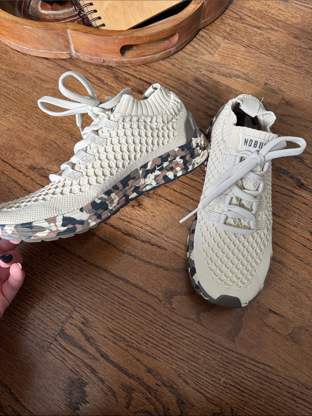 NOBULL Women's Beige Knit Sneakers with Camo Sole